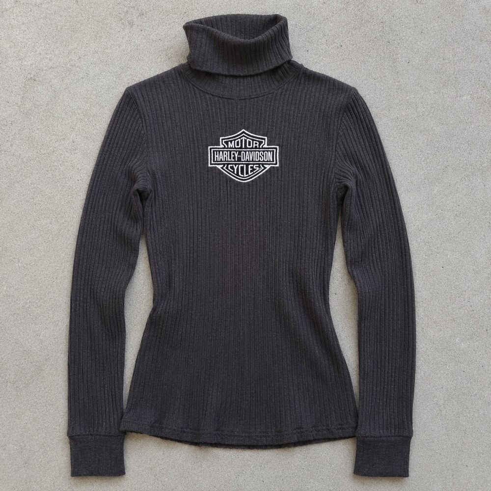 Harley Davidson Womens Charcoal Grey Ribbed Turtleneck Logo Sweater Size M